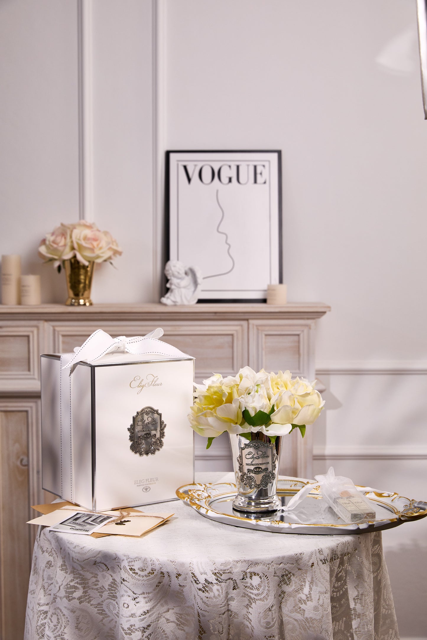 ElegFleur - Elegant Silver-plated Cone Vase Mixed Peony Bouquet - Light Yellow