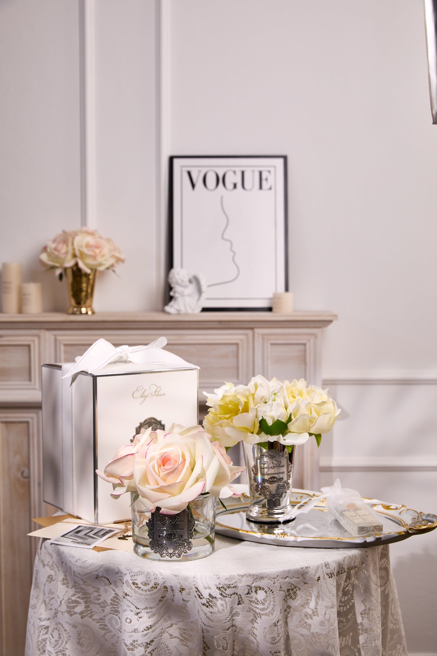 ElegFleur - Elegant Silver-plated Cone Vase Mixed Peony Bouquet - Light Yellow