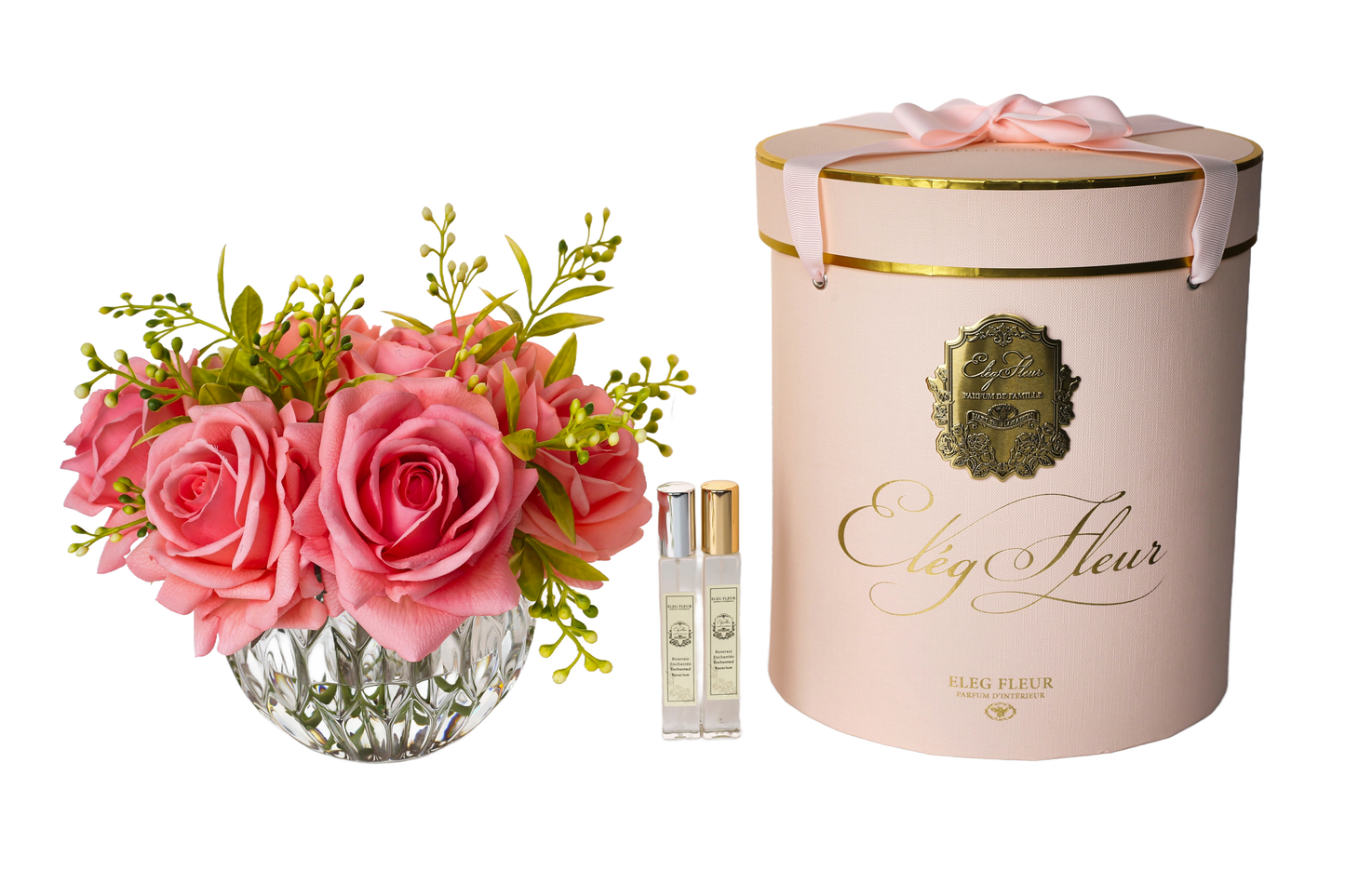ElegFleur - Spherical Vase Princess Rose & Citrus Bouquet - Deep Pink