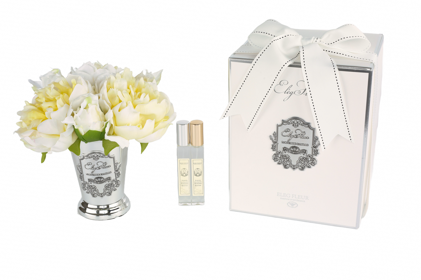 ElegFleur - Elegant Silver-plated Cone Vase Mixed Peony Bouquet - Light Yellow