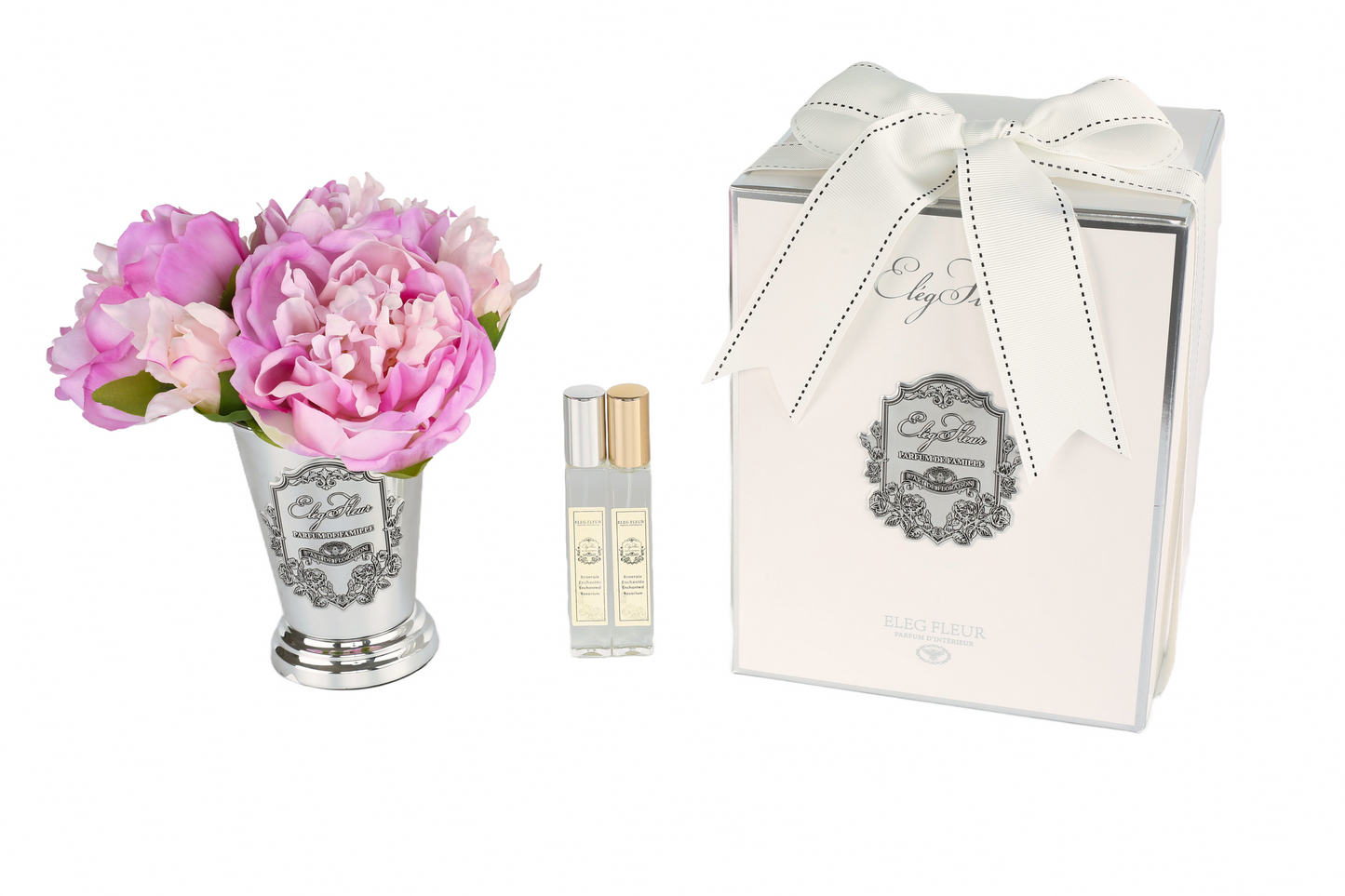 ElegFleur - Elegant Silver-plated Cone Vase Mixed Peony Bouquet - Light Purple & White