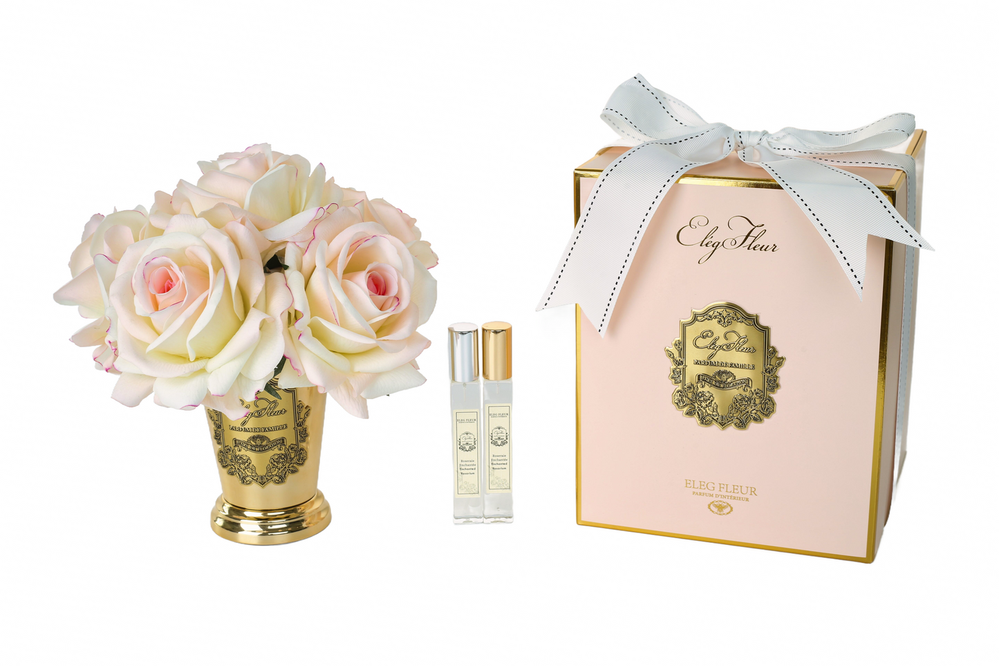 ElegFleur - Elegant Gold-plated Cone Vase British Rose Bouquet - Cream