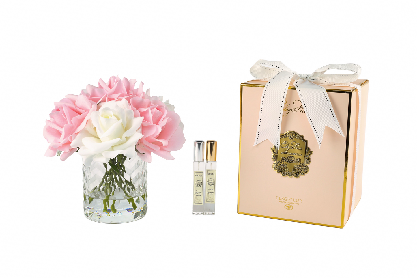 ElegFleur - Wavy Vase Mixed Rose Bouquet - White & Light Pink